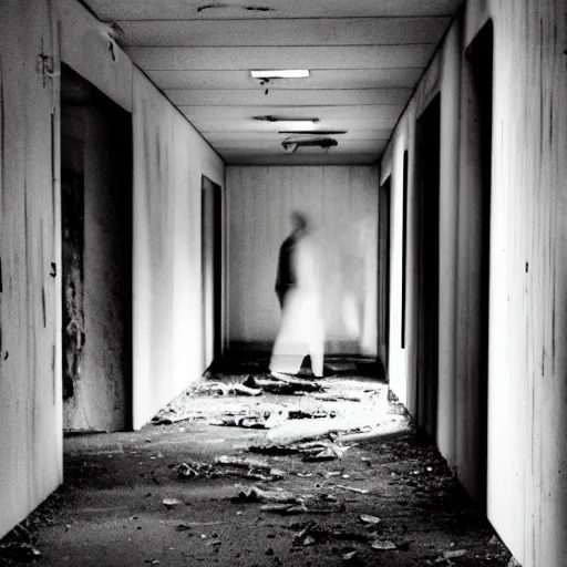 Prompt: Infrared photo of a corridor inside an abandoned hospital showing a ghost figure