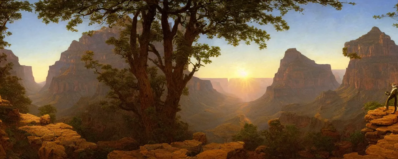 Image similar to romantic painting, wide shot of kermit the frog standing in front of a the grand canyon at sunrise, highly detailed, sublime, hyperrealistic, painted by caspar david friedrich and albert bierstadt, trending on artstation 8 k