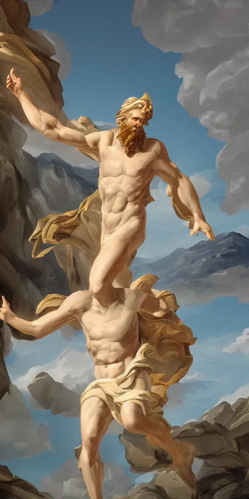 Image similar to a digital painting of Zeus descending from mount Olympus