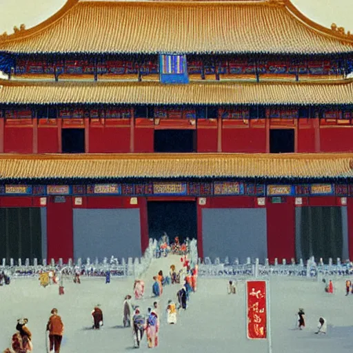 Image similar to the Forbidden City at noon, by Robert McCall, 8k,