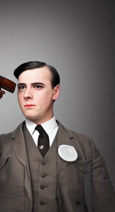 Image similar to Full body portrait of a man with a stern look dressed in a 1930s attire. He is pointing a gun and seems mentally unstable. 4K, dramatic lighting