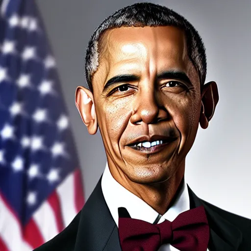 Prompt: realistic photo of obama with red hair wearing a black pullover and a green bow tie, still from riverdale