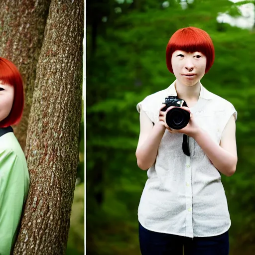 Image similar to a cottagecore photoshoot of mahiru koizumi, a japanese young woman with a freckled face and green eyes, beautiful redhead with a bowl cut holding her camera, 8 5 mm portrait photography