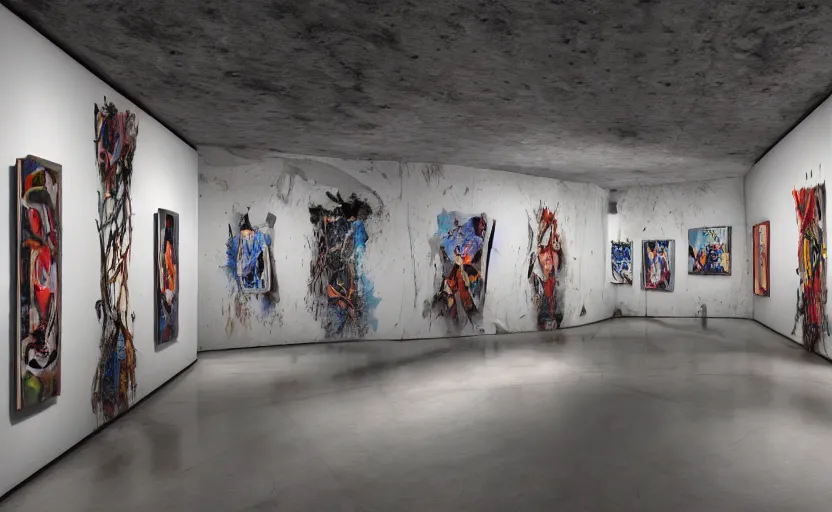 Prompt: interior futuristic art gallery wide angle highly detailed by ricardo boffil, wall hanging paintings of grafitti art ( ( portals ) ) by saturno butto and wlod, captivating 8 k hdr, octane render godrays ( ethereal ghost motion blur )