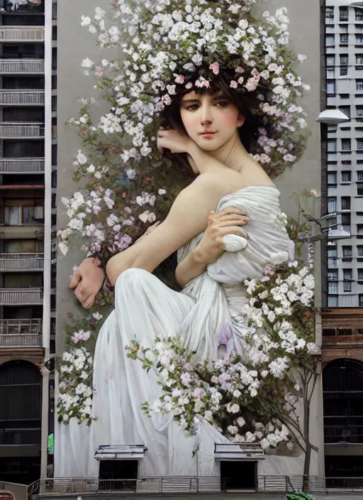 Prompt: a huge outdoor wall mural taking up the entire side of a building. it shows a mother sitting in a field of white flowers cradling her baby. they are both wearing flower crowns. stunning wall mural painting by by artgerm and greg rutkowski and alphonse mucha