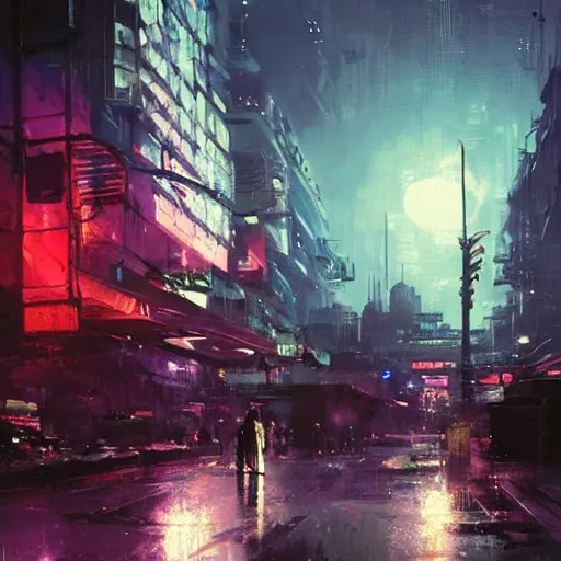 Image similar to a rundown futuristic city scene at night with neon lights and the moon high in the sky and raining, sci fi splash art by craig mullins, greg rutkowski