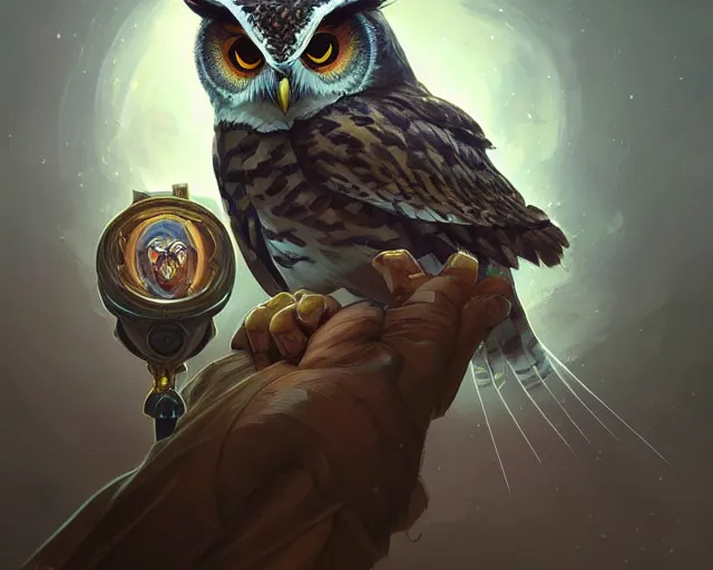 Image similar to a smart owl with a smart suit in a smart atmosphere, deep focus, d & d, fantasy, intricate, elegant, highly detailed, digital painting, artstation, concept art, matte, sharp focus, illustration, hearthstone, art by artgerm and greg rutkowski and alphonse mucha