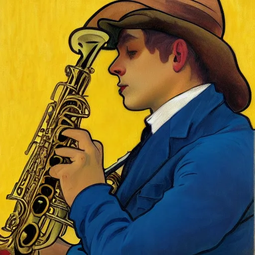 Prompt: man sitting in a yellow costume with a yellow hat holding a saxophone, smoking a cigarette, blue skin, blue smoke, dark background, realistic painting, artwork, meditative, alphonse mucha