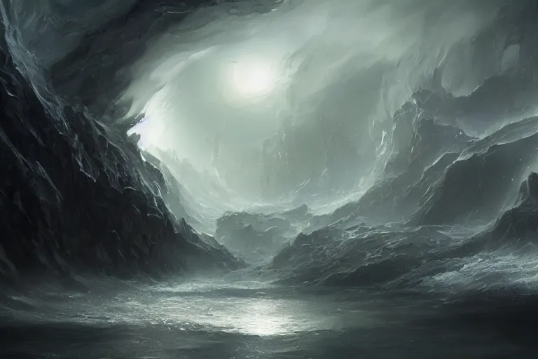 Prompt: primordial waters, chaos, the world without form and void, darkness shone on the face of the deep, dark, scary, brooding amazing concept painting by Jessica Rossier and HR Giger
