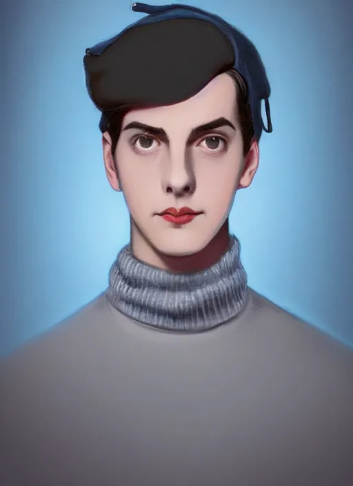 Image similar to portrait of teenage jughead jones wearing a light grey crown, crown, blue turtleneck, 1 9 5 0 s, closed eyes, photorealistic, black hair, glowing lighting, intricate, elegant, glowing lights, highly detailed, digital painting, artstation, concept art, smooth, sharp focus, illustration, art by wlop, mars ravelo and greg rutkowski