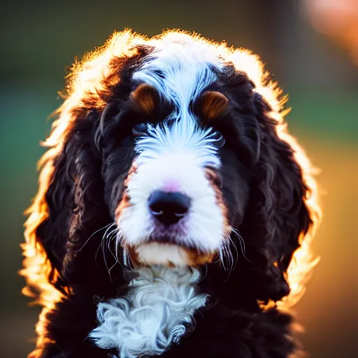 Prompt: a bernedoodle puppy at golden hour, bokeh, 3 2 megapixel