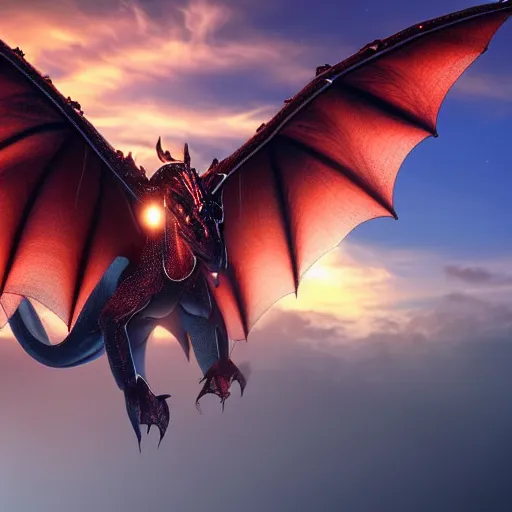 Image similar to a photorealistic alien that is a hybrid of a medieval dragon and a eagle in the sky during a sunset, ultra realistic, 4 k highly detailed