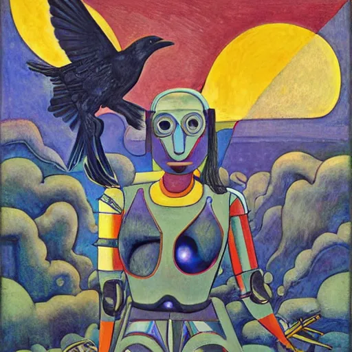 Prompt: the crow in her robot mask stands on the lawn, by annie swynnerton and kit williams and diego rivera and leo and diane dillon and nicholas roerich, symbolist, dramatic lighting, elaborate geometric ornament, art brut, god rays, soft cool colors, smooth, sharp focus, extremely detailed