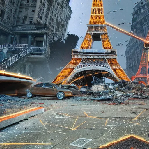 Image similar to A beautiful intricate 8K award-winning ground-level cinematic movie photograph of the future rusting rubble of the fallen and decimated Eiffel Tower, lying in pieces on the ground, surrounded by neon and collapsing corporate video billboard displays. in the year 2050, by Bruno Delbonnel and greg rutkowski. octane render, Arri Alexa 65. Cinematic lighting