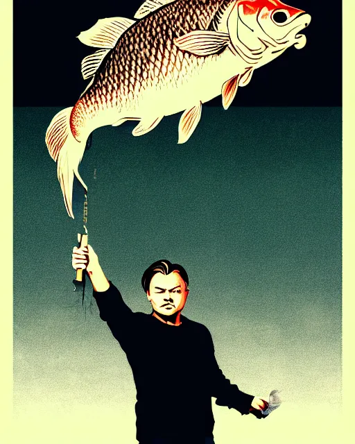 Image similar to photograph of leonardo dicaprio holding a carp in his both hands. movie poster, illustration by bartek fedyczak, erak note, tooth wu, neil richards, kan liu, siwoo kim, jisu choe, trending on art station