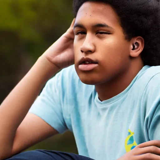 Image similar to multiracial teenager wearing headphones looking bored, natural light, magazine photo, 5 0 mm lens