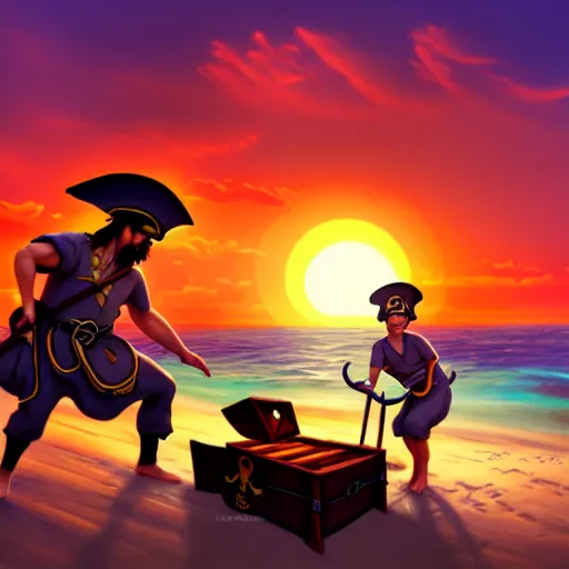 Image similar to pirates finding a buried treasure chest at the beach at sunset, stylized, artstation, hd, cgsociety, cgi, realistic, dramatic, cinematic, artistic, trending, detailed