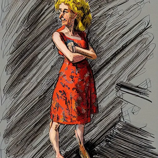 Prompt: beautiful young woman in a sundress, trending on artstation, intricate details, in the style of frank auerbach, in the style of sergio aragones, in the style of martin ansin, in the style of david aja, in the style of mattias adolfsson