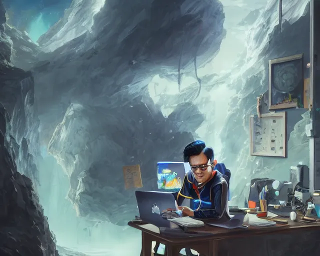 Image similar to an insanely detailed painting of a nerdy asian man wearing a superhero costume, sitting at a desk, staring at the nervously at the computer and typing, in the style of peter mohrbacher, dramatic lighting and composition, surreal background, octane render, pixar, trending on artstation, concept art, comic book, view from behind