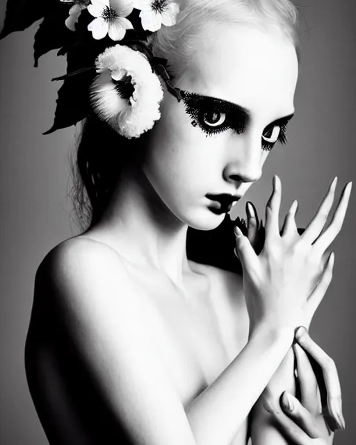 Image similar to a black and white high quality dreamy photo of a young beautiful female queen-pale dragon-vegetal-many flower-cyborg bust with a very long neck, elegant, highly detailed, poetic, soft, dreamy, mysterious, high fashion, rim light, in the style of Ellen von Unwerth, Realistic, Refined, Digital Art, Highly Detailed, Cinematic Lighting, rim light, black and white, photo-realistic, 8K
