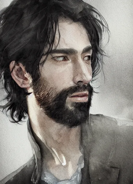 Image similar to portrait, a handsome skinny small Frenchman with beard and long black hair toasting with whiskey, watercolor, dramatic lighting, cinematic, establishing shot, extremely high detail, foto realistic, cinematic lighting, digital art, vector, by Yoshitaka Amano, Ruan Jia, Kentaro Miura, Artgerm, post processed, concept art, artstation, matte painting, style by eddie mendoza, raphael lacoste, alex ross
