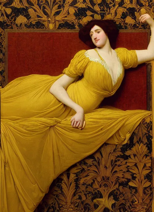 Image similar to masterpiece portrait of lady reclining on bed flowing sheets wearing yellow ochre ornate medieval dress, vertical, foreshortening, colour photography by frederic leighton, william morris, 8 k