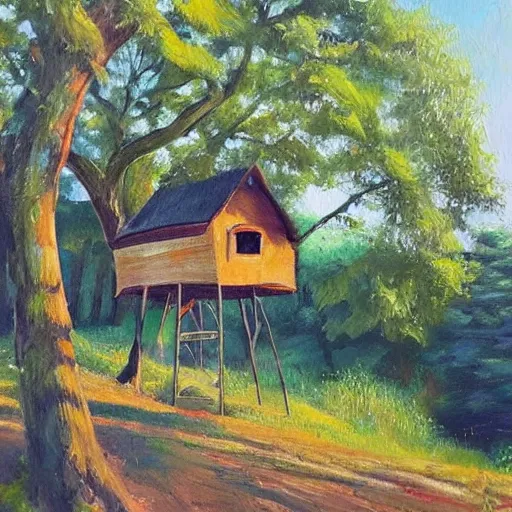 Prompt: treehouse in the countryside on a sunny day, peaceful, dreamy, brush strokes, oil painting