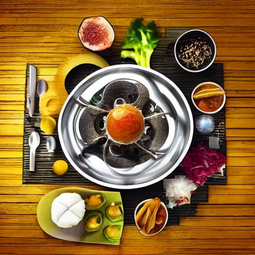 Prompt: alien food set in a futuristic restaurant, food photography, hyper-detailed