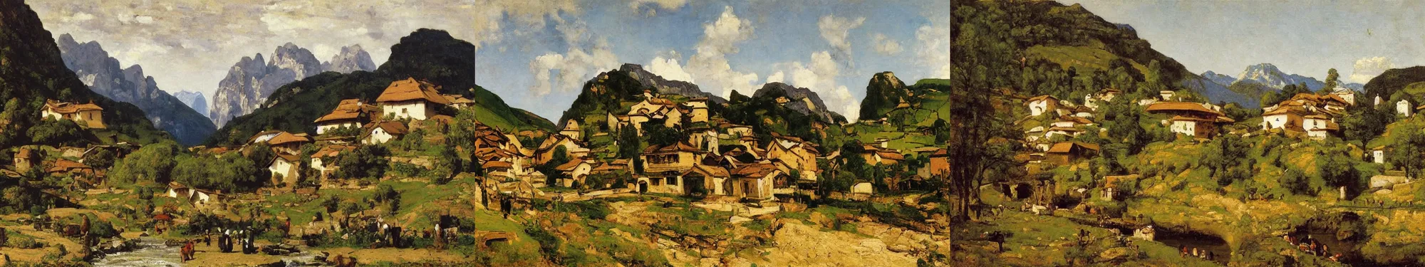 Prompt: High-Quality orientalist painting of a traditional Swiss village built in a valley and next to a river by Gustave Courbet, colorful houses, very detailed, oil on canvas.