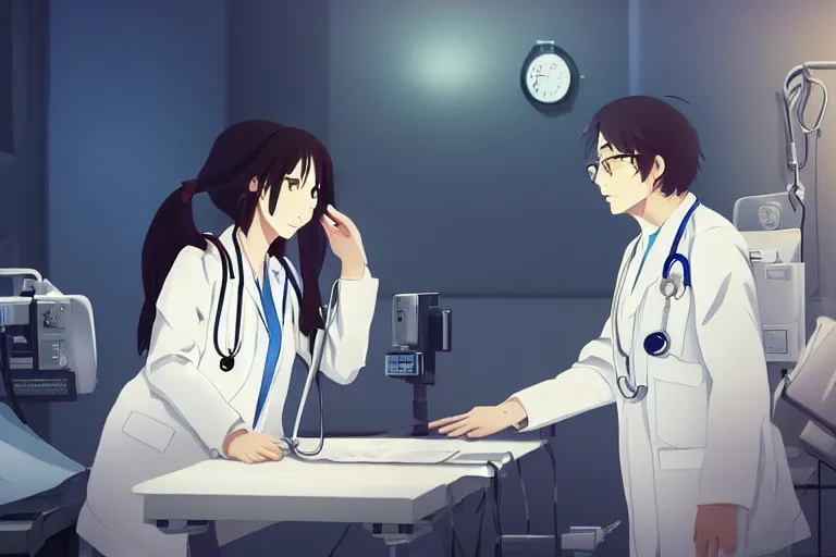 Prompt: a cute young female doctor wearing white coat are talking with an old surgeon in a hospital, lighting, anime scenery by Makoto shinkai