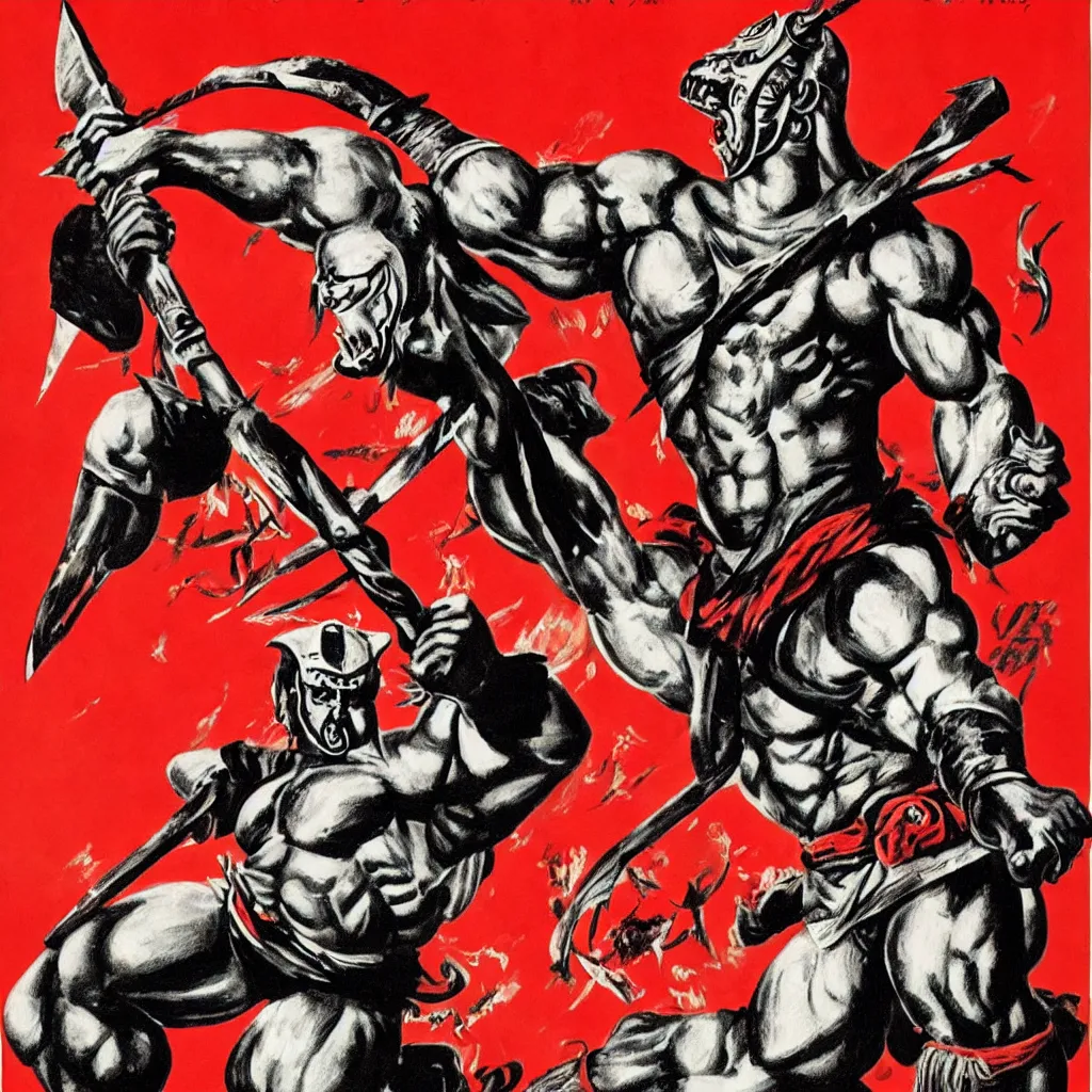 Image similar to shao kahn, soviet union, propaganda poster, art