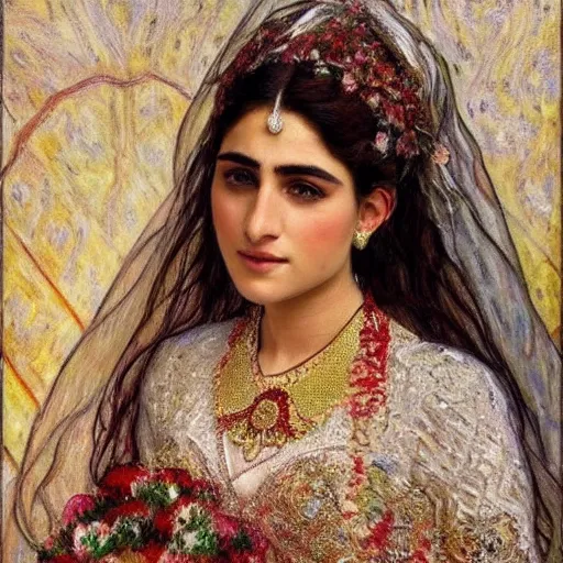 Image similar to full body portrait of a beautiful Kurdish bride wearing a beautiful wedding dress, very detailed eyes, hyperrealistic, beautiful and symmetrical face, very detailed painting by Claude Monet and Alphonse Mucha, trending on artstation, extremely high detail, incredibly intricate