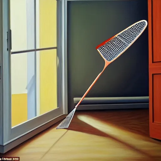 Image similar to hyperrealism painting from the housefly perspective getting swatted at from a man with a fly swatter in the kitchen