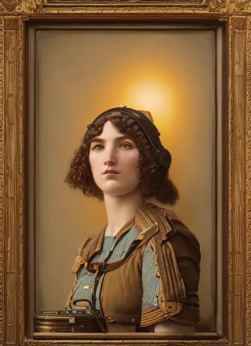 Prompt: intricate oil painting portrait by John William Godward and Anna Dittman depicting a female steampunk explorer in bright outdoor hallway, evening, atmospheric lighting, intricate detail, cgsociety, hyperrealistic, octane render, RPG portrait, ambient light, dynamic lighting