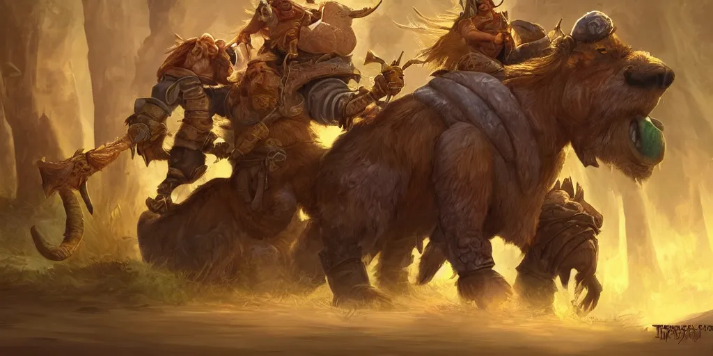 Prompt: Dwarf Riding a giant capybara carrying trinkets, camera underneath, art by World of Warcraft Art Direction, art station, concept art,