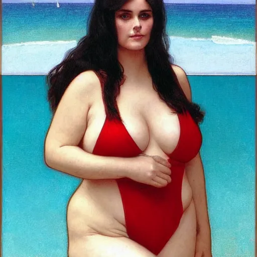 Image similar to portrait of cute 2 0 years old obese courtney cox in red swimsuit sitting on a beach, intricate, hyperdetailed, photorealistic, diffuse lighting, hdrp, artstation, unreal 5, smooth, textless, sharp focus, art by john collier, albert aublet, krenz cushart, artem demura, alphonse mucha