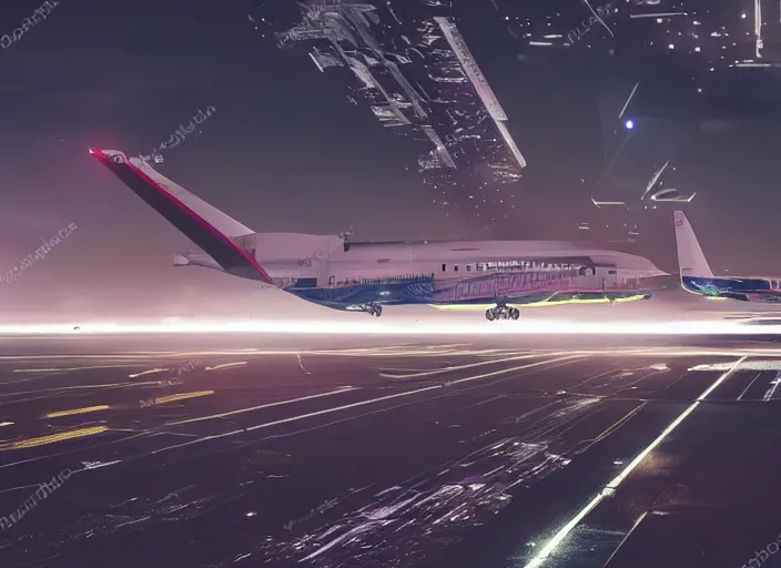 Image similar to immense futuristic jet plane arrives at runway of cyberpunk airport at night ,cinematic lighting