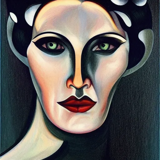 Prompt: hyperrealistic scary beautiful maniac deformed artnouveau woman portrait of deep layers of fear sharp focus in style of tamara de lempicka