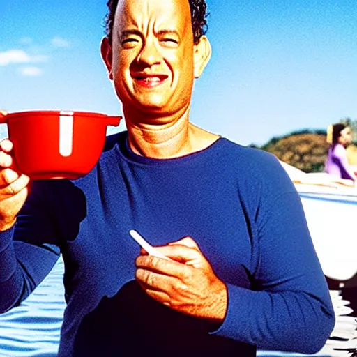 Prompt: tom hanks swimming in a bowl of tomato soup