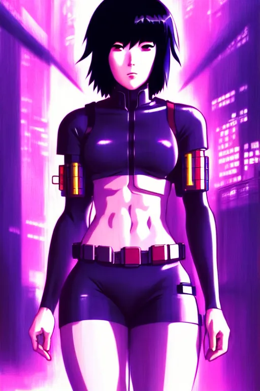 Image similar to a still fullbody portrait of motoko kusanagi ghost in the shell, finely detailed features, closeup at the faces, perfect art, at a cyberpunk city, gapmoe yandere grimdark, trending on pixiv fanbox, by ilya kuvshinov, rossdraws, artgerm