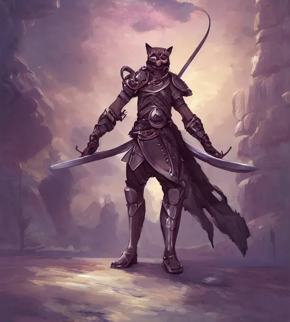 a cat warrior wearing armor holding one single sword,, Stable Diffusion