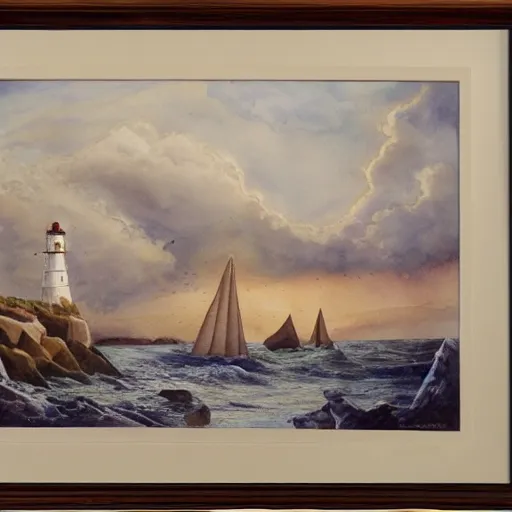 Prompt: Complex hyperdetailed serene masterpiece sketch of a captivating lighthouse, sailboats soaring in the wind, by Orris Moe, complex detailed watercolor painting, cinematic lighting, illogical surrealsim, absurd.