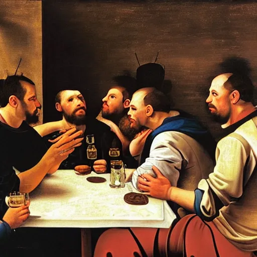 Prompt: detailed impasto painting of five male artists talking intelligently in a french cafe while drinking beer in style of caravaggio, chiaroscuro, hieronymus bosch, tenebrism