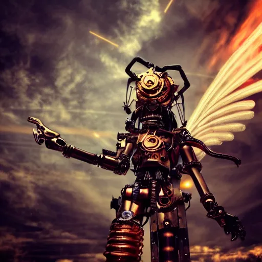 Image similar to a steampunk robotic angel with gun arms shooting, intense, extremely detailed, anime, sparks, clouds, sky, beautiful, sunny, copper, pipes, rusty, metal, cinematic lighting, sharp focus,