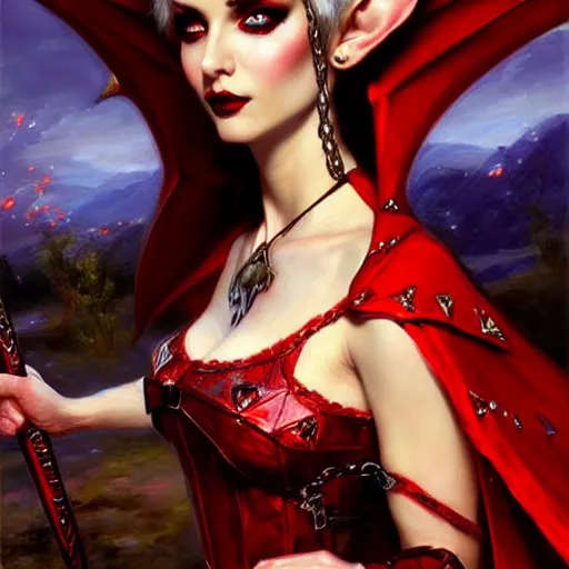 Image similar to Gothic elf princess in red dragon armor by Konstantin Razumov, face close up