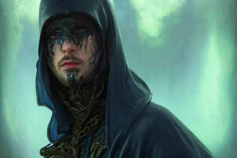 Image similar to ultrarealistic male mage half face infected portrait fighting, long black hair blue eyes wearing leather mantle gothic navy cloak with leather details, green plants, octane render, extreme intricate details, elegant, cinematic lighting, highly detailed, artstation, dnd fantasy character art, cgsociety, sharp focus, beautiful digital painting by artgerm, gerald brom, wlop, alphonse mucha