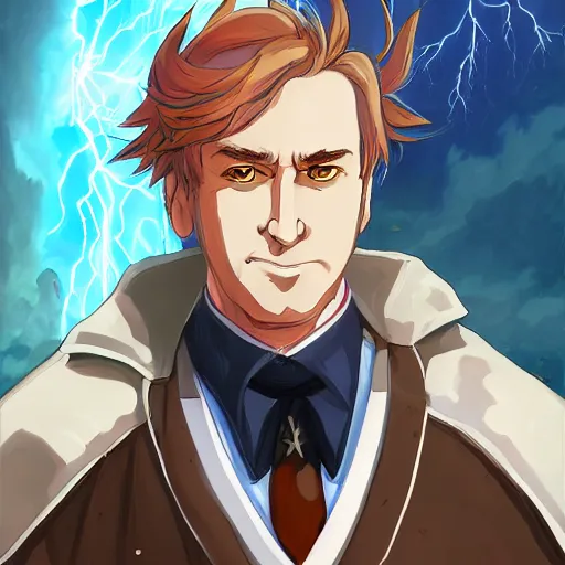 Image similar to portrait of saul goodman wielding the element of storm magecraft, wind, anime fantasy illustration by tomoyuki yamasaki, kyoto studio, madhouse, ufotable, trending on artstation