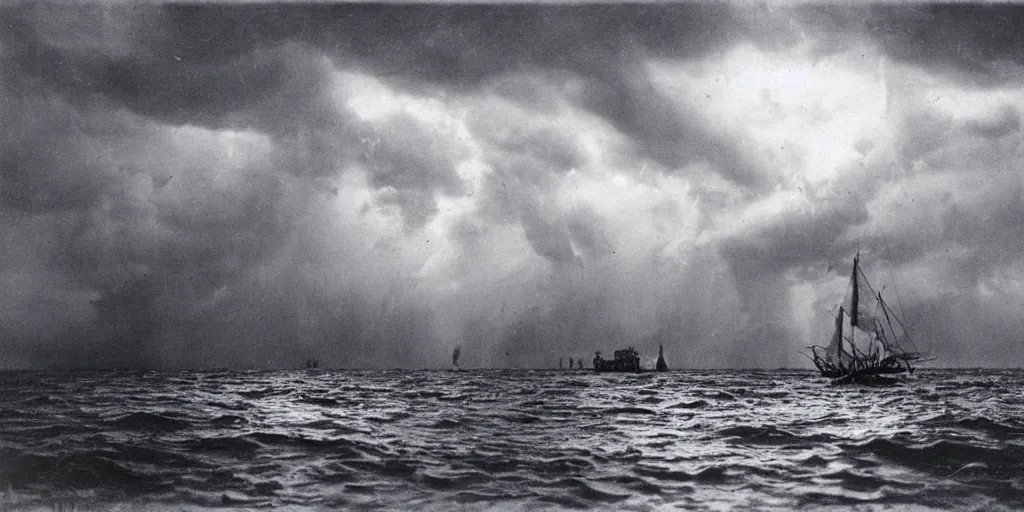 Image similar to a boat sailing in a thunderstorm where the clouds look like skulls, 1 9 0 0 s photograph