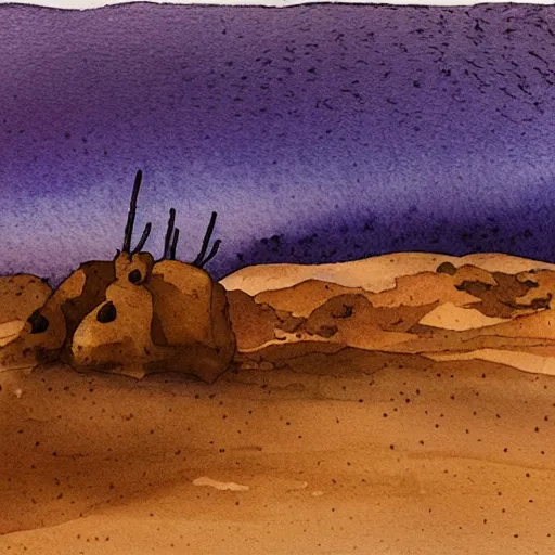 Prompt: desert landscape painting at twilight, watercolor, pen and ink, intricate lines, elegant, extreme detail, smooth, sharp focus, art by greg rutowski and vermeer and edward church