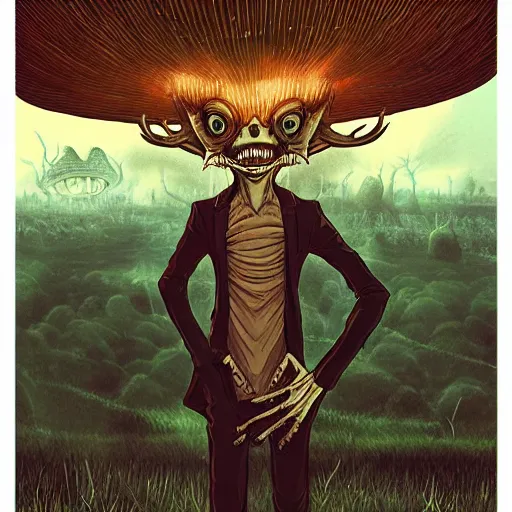 Image similar to a centered chest up portrait of a psychedelic demonic anthropomorphic wendigo smoking a hand - rolled cigarette smoking heavily, magic mushroom village in background. award winning. superb resolution. in the art style of junji ito and greg rutkowski. detailed mushroom city in background. hyper realistic anime. perfect art. dalle 2